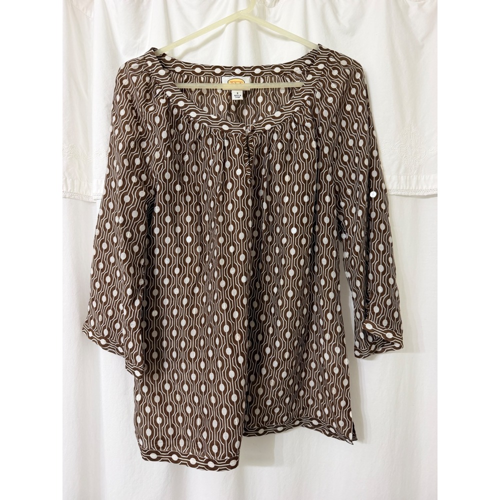 Talbots Brown White Geometric Silk Blend 3/4 Sleeve Blouse Size Small New
